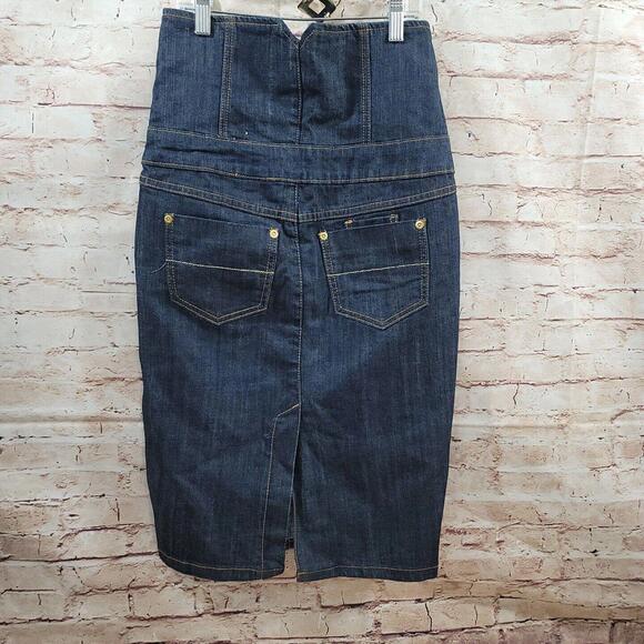 ZD Zana Di Women's Skirt 5 Pencil Dark Blue Denim High Waist Buttons Knee Length - Picture 2 of 14